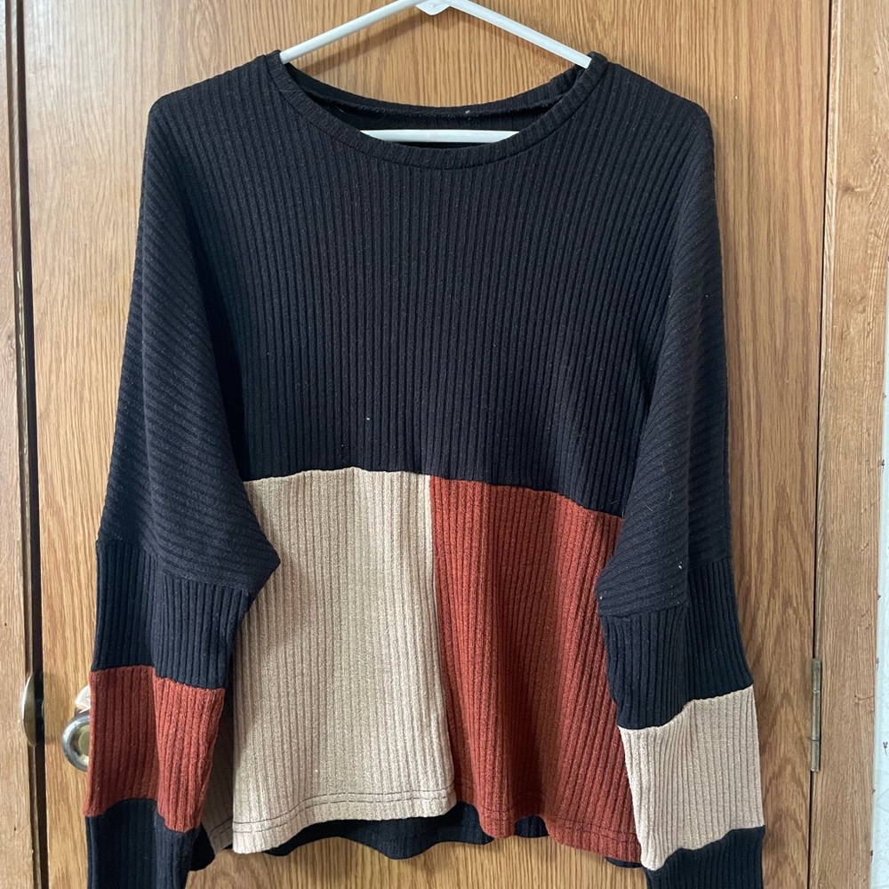SHEIN Black and Brown Colorblock Ribbed Top